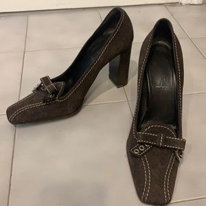 Prada, Size 38, Brown Suede/White Piping Heel